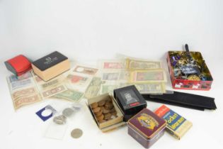 A group of worldwide banknotes and coinage together with a quantity of costume jewellery and watches