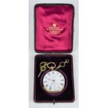 An 18ct gold cased pocket watch by S. Burman of Manchester, white enamel dial bearing Roman
