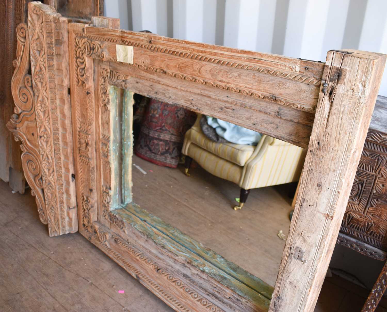 A large wooden window frame, made into a mirror, with a twin scroll pediment, 116cms tall by - Bild 2 aus 3