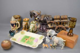 A ceramic Shire horse and cart together with a German stein, asparagus dish, various ceramic animals