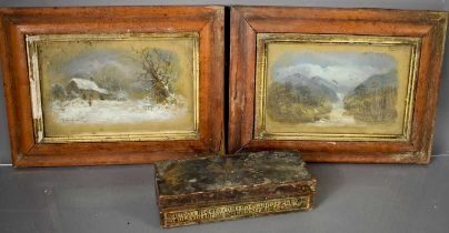 A pair of gouache landscape paintings, together with a 19th century box, painted with a figure on