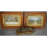 A pair of gouache landscape paintings, together with a 19th century box, painted with a figure on