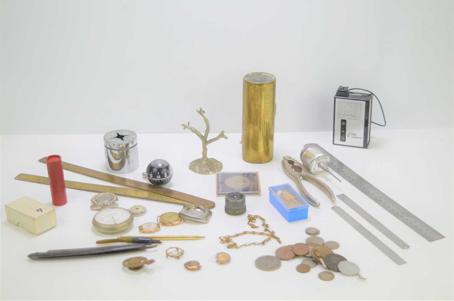 A group of collectable items to include a J. Rabone and Sons brass ruler, coins, steel rules,