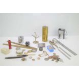 A group of collectable items to include a J. Rabone and Sons brass ruler, coins, steel rules,
