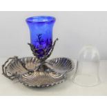 A Mappin and Webb silver plate scallop form hors d'oeuvres dish, with glass vase centre.