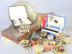 A group of copper and silver plated items to include boxed flatware.