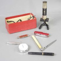 A Mentmore Diploma fountain pen, vintage penknives, small microscope and a Tim stopwatch.