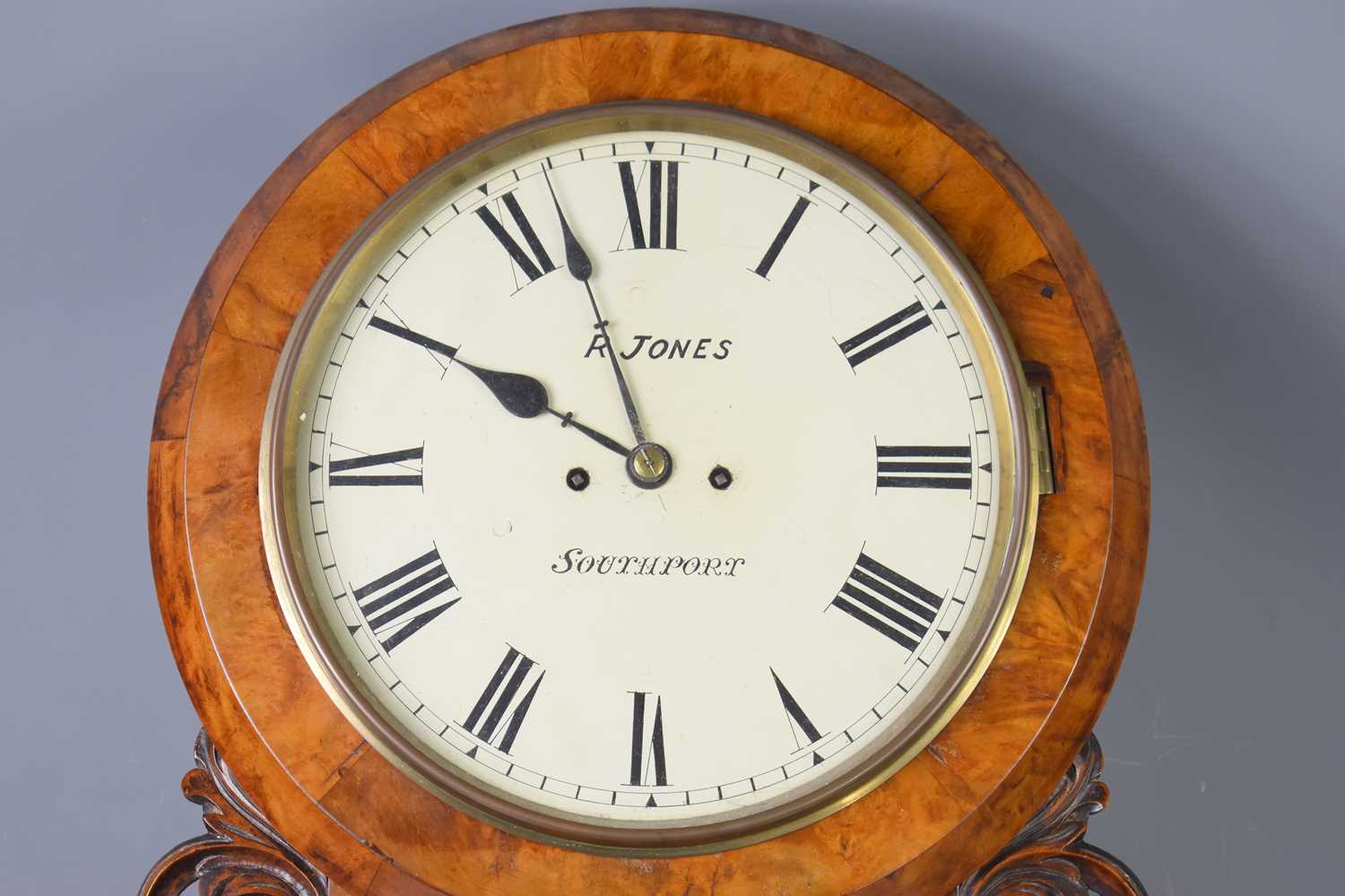 A 19th century walnut cased drop dial clock, the dial signed R. Jones, Southport, with twin fusee - Bild 3 aus 3