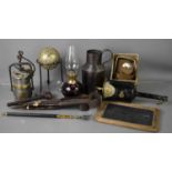 A group of collectables to include antique measures, metalware tankard, small glass parafin lamp,