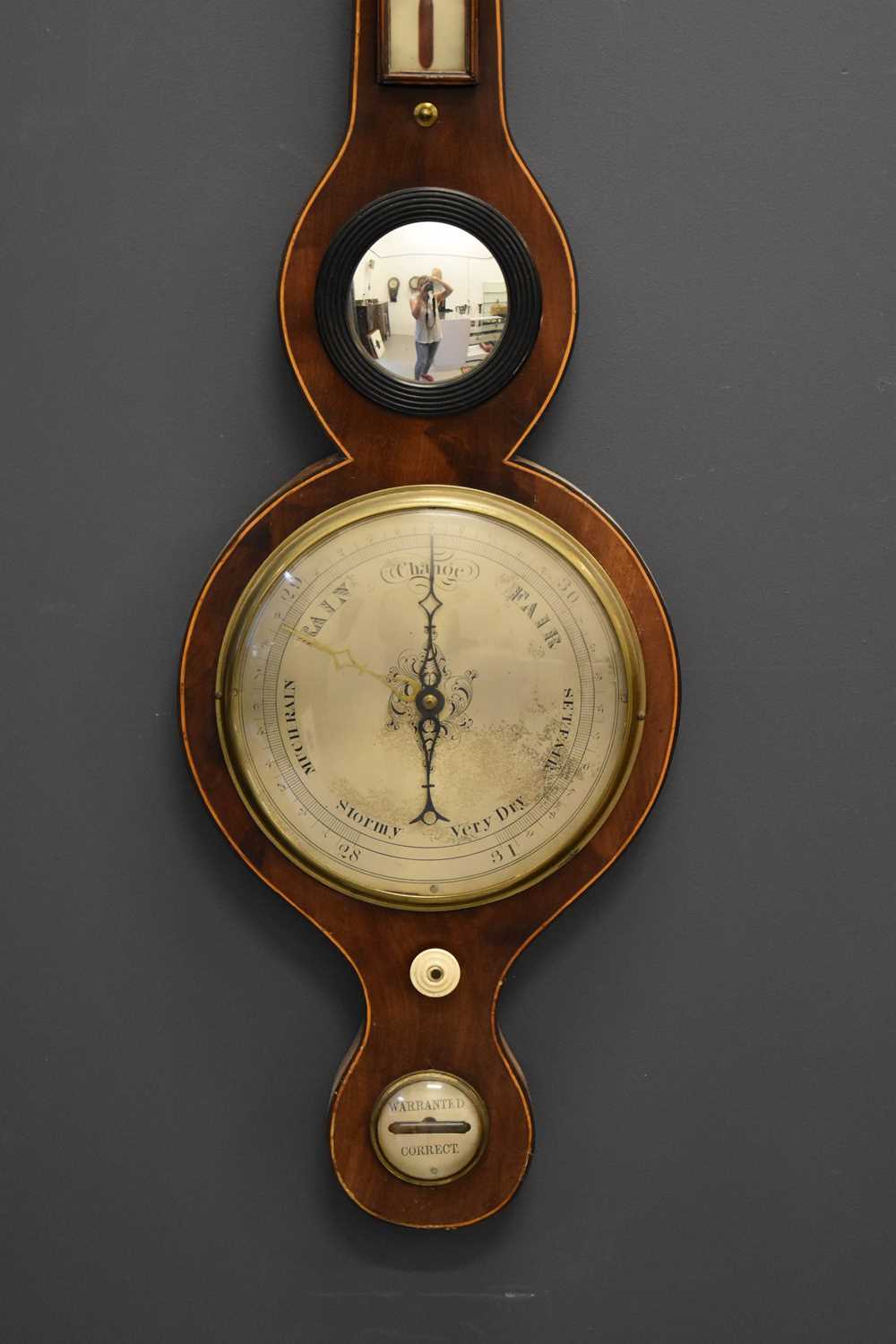 A late 19th century mahogany cased wheel barometer with boxwood stringing, 96cms tall - Bild 3 aus 3