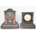 A 19th century marble and slate mantle clock, twin movement, the white dial with Roman Numerals