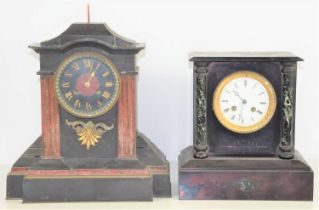 A 19th century marble and slate mantle clock, twin movement, the white dial with Roman Numerals