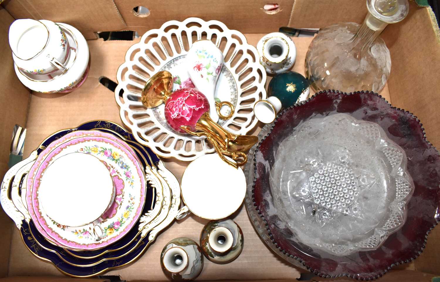 A quantity of ceramics and glassware to include Coalport dishes, decanter, Crown Staffordshire