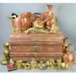 A metal trunk together with a quantity of brass and copper ware to include copper kettle, brass