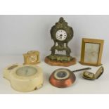 A Looping 8 day desk clock together with a Swiza carriage clock, Topflite alarm clock and a French
