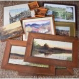 A group of pictures and prints, including a pair of landscape paintings.