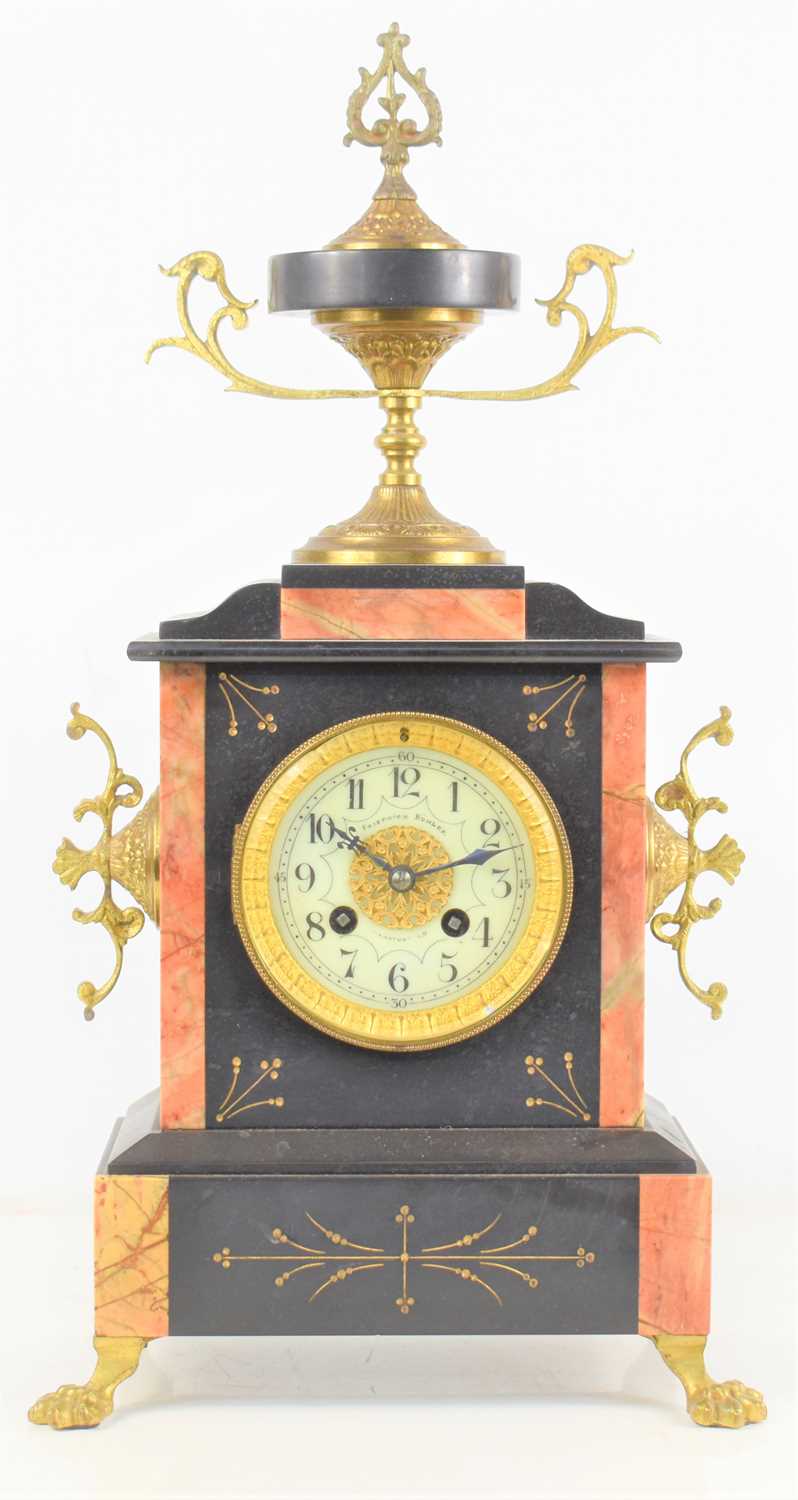 A late 19th century French marble, slate and bronze mantle clock, retailed by Friedrich Bohler,