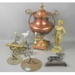 An antique copper and brass samovar together with a brass sundial, Napoleon figure, brass model