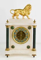 A French alabaster and gilt metal mantle clock, surmounted by a lion, the green/blue Arabic dial