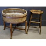 An antique barrel jardiniere on stand, together with a kitchen stool, the jardiniere measures 66cm