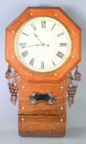 A 19th century oak cased drop dial wall clock, twin fusee movement, Roman numeral dial, mother of