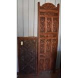 A bi-fold Indonesian hardwood carved screen, together with a carved panel, the screen measures 182cm