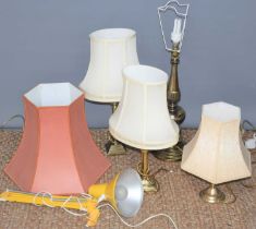 Four brass table lamps with shades of various styles together with a HCF of Denmark anglepoise