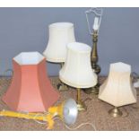 Four brass table lamps with shades of various styles together with a HCF of Denmark anglepoise