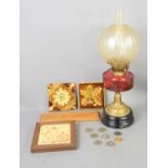 A group of collectable items to include a Wills Cigarette cribbage board, vintage tiles,