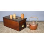 A Victorian mahogany till, together with three treen boxes, and a Victorian copper kettle.