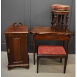 A Victorian height adjustable piano stool, together with mahogany card table, stool with drop in