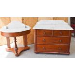 A Victorian mahogany wash stand with marble top, 90cms tall by 90cms long, together with a