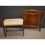 A 1930s oak fire screen, together with a fine piano stool with slender tapered legs and