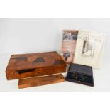 An antique parquetry box together with a treen pencil holder with sliding rule lid, a boxed set of