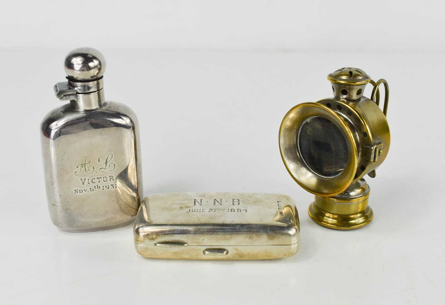 A silver box engraved with initials NNB, June 27th 1894, 1.72g, together with a miniature carriage