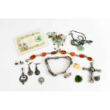 A group of jewellery, to include silver cross, pendant and matching earrings, bracelets and jade