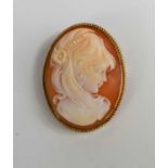 A 9ct gold set cameo brooch, depicting female profile portrait, 10.1g.