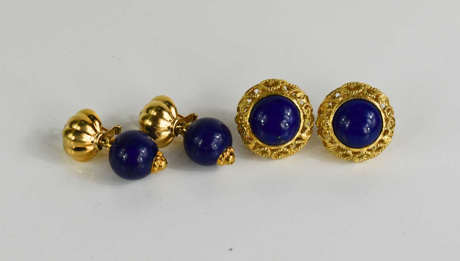 A pair of 18ct gold and lapiz lazuli drop earrings, and a pair of yellow gold and lapiz pair of