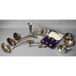 A group of silver plateware and a set of six silver coffee spoons, including a plated hip flask,