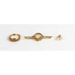 A 9ct gold ring, together with a moonstone set bar brooch and a pair of 9ct gold and pearl stud