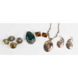 A silver and green stone cabochon pendant, pendant and drop earring set, pair of silver square