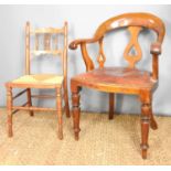 A 19th century mahogany desk chair with red leather studded seat, and another chair with rush seat