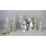 A French Christofle silver plate jug together with 19th century glass decanters and silver plate