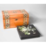 A Victorian wooden box with faux parquetry decoration together with a smaller ebonised style box,