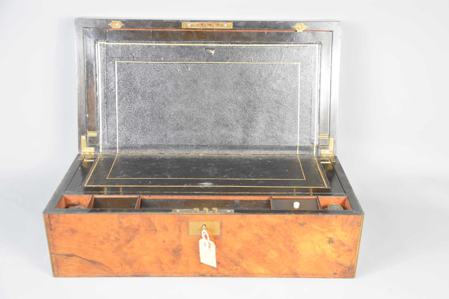 A late 19th century burr mahogany writing slope with brass banding, the slope interior having fitted - Bild 2 aus 2