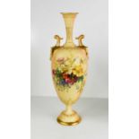 A Royal Worcester peach ground twin handled vase, painted with raised summer flowers, the bulbous