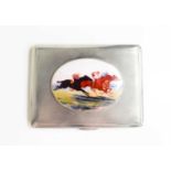 A silver and enamel cigarette case with an oval enamel to the centre with three race horses and