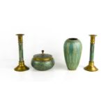 A dressing table set, in brass and enamel, circa 1960, comprising vase, powder bowl and two