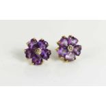 A 9ct gold and amethyst flowerhead stud earrings, 3g.