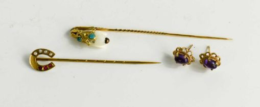 A gold, turquoise and bone hat pin in the form of a snow drop, together with a pair of gold (